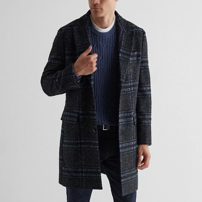 Express Blue Print Plaid Wool Blend Topcoat Coat Sz Medium